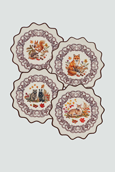 decofav Autumn Forest Animals Themed Embroidered Cocktail Napkins Set 4 Pieces