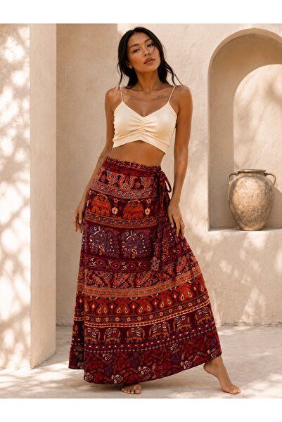 laviyonsa Waist-Wrapped Ethnic Patterned Cotton Long Skirt Std 34-48