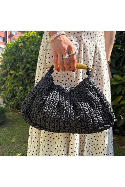 nesdesignn Black Straw Bag with Brass Handles