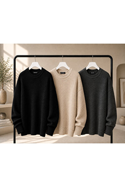 DepoExport Women's 3-Piece Crew Neck Oversize Knitwear Sweater Soft Knitted S...