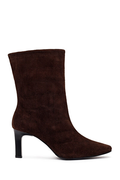 Derimod Women's Brown Thin Heeled Printed Suede Leather Boots Wf16000891