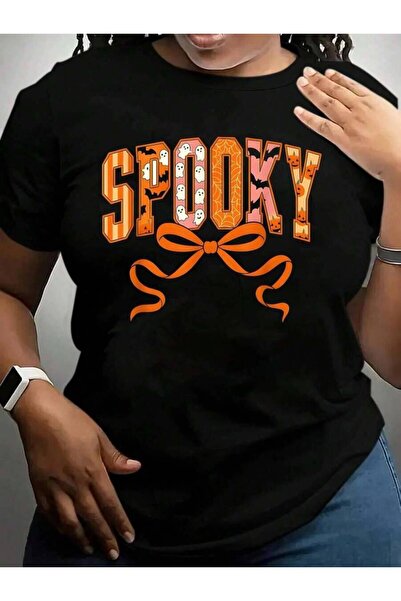 k222 Spooky Coquette Girly Pumpkin Ghost Funny Halloween Black Graphic T Shir...