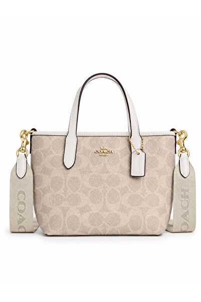 Coach Γυναικεία τσάντα City Mini Tote, Καμβάς Signature, Μπεζ / Λευκό