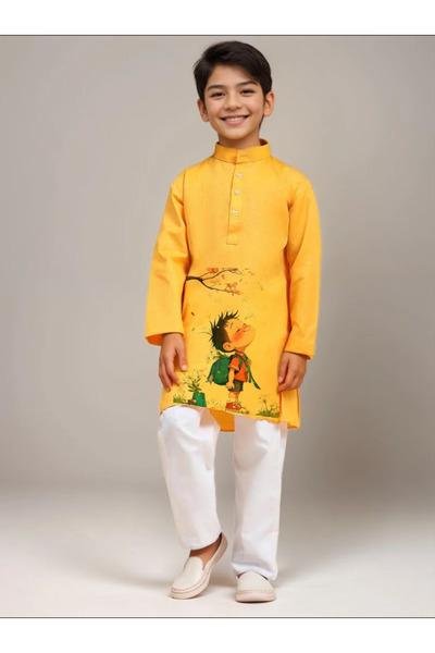 Devoiler Boys Yellow Cotton Kurta with Printed Design