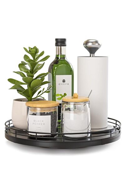 Generic 10" Oak Wood Lazy Susan Turntable with Black Iron Frame – Rotating Or...