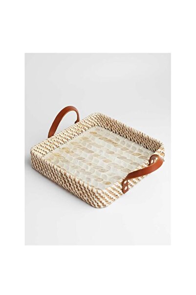 Generic Brand Handwoven Rattan Serving Tray with Shell Pattern Inlay, Natural...