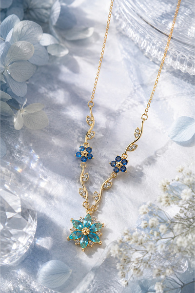 Sylvera Shop V Model Luxury Steel Necklace with Blue Stone Ivy Star Flower Fi...