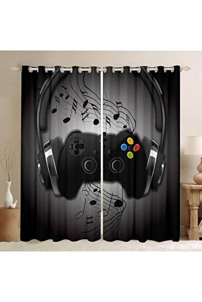Generic Games Curtains Black Grey Headphones Musical Notes Design Gamepad Win...