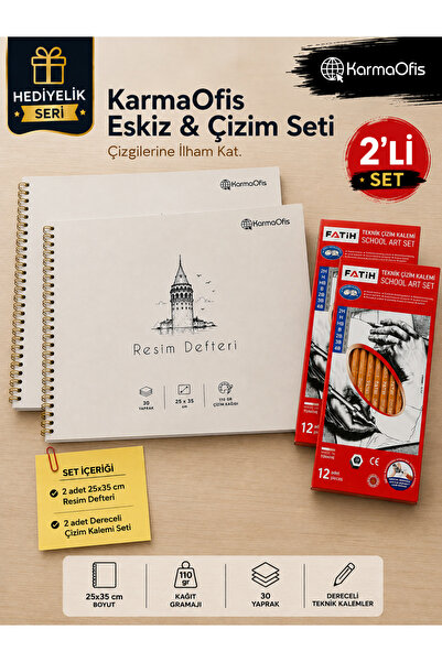 Fatih Sketch and Drawing Set 25X35 cm 110 Gr Drawing Notebook & 12 Graded Tec...