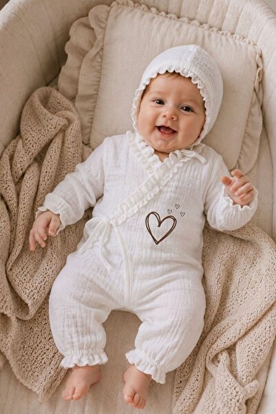 bebeqon 3 Piece 100% Cotton Muslin Ecru Heart Printed Double Breasted Hospita...