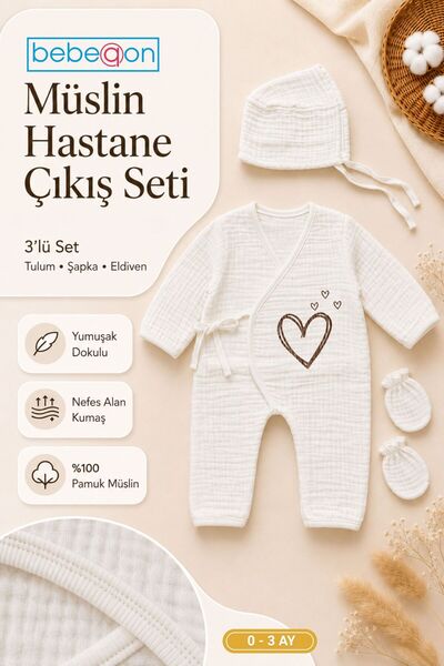 bebeqon 3 Parça %100 Pamuk Müslin Ekru Kalp Baskılı Kruvaze Hastane Çıkış Seti 0-3 Ay