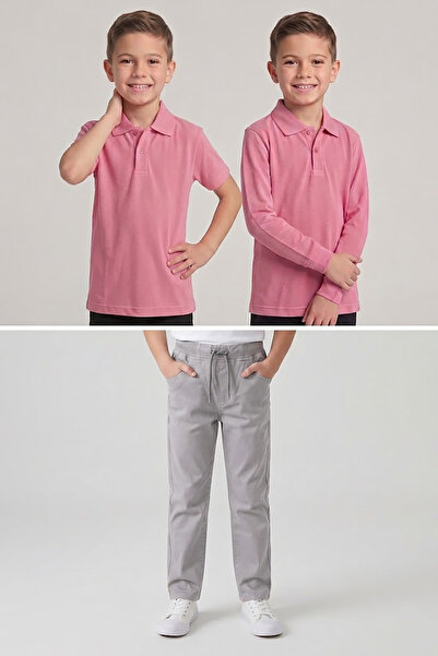 nacar çarşı Boys' School Pink Long and Short Sleeve Polo Collar T-Shirt Gray ...
