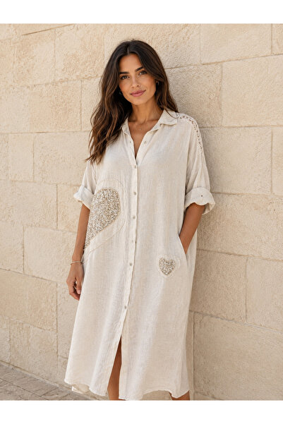 AGORATEKSTİL Women's Original Italian Raw Linen Quality Shirt Dress with Lace...