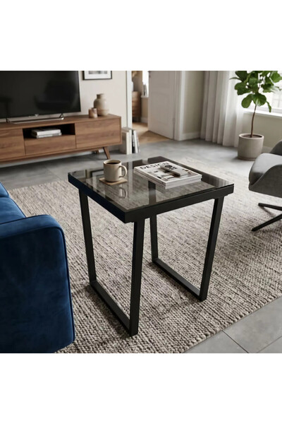Al Hadaya Mall Iron Side Table with Glass Top Modern Design-Black-55X55X70 cm