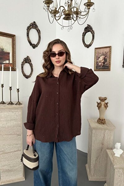 SEREMONİ BUTİK Brown Embroidered Oversize Shirt