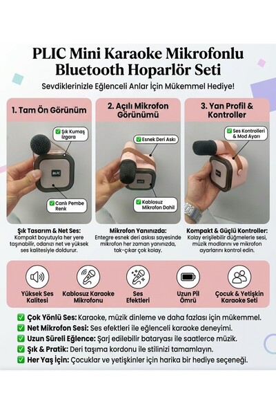 Mini Karaoke Mikrofonlu Bluetooth Hoparlör Seti - Şarjlı Taşınabilir Müzik Çalar & Ses Efektli Hoparlör (Pembe)