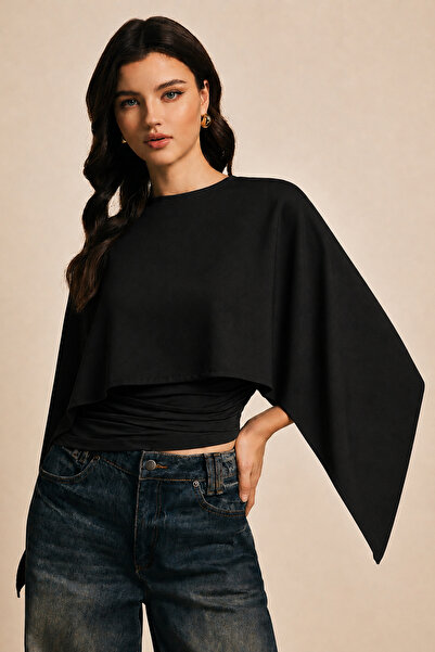 Edela Asymmetrical Poncho Cape Detailed Viscose Blouse