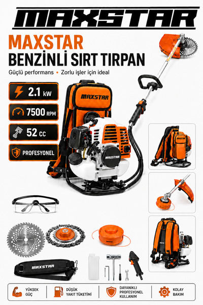 52 CC 2.1 kW Profesyonel Benzinli Sırt Tırpanı | 7500 Devir Motorlu Ot Çalı Biçme Makinesi Full Set