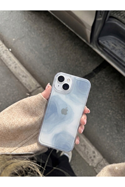 MUSSTECH Iphone 13-14-15 Uyumlu Mavi Mermer Desenli Şeffaf iPhone Telefon Kıl...