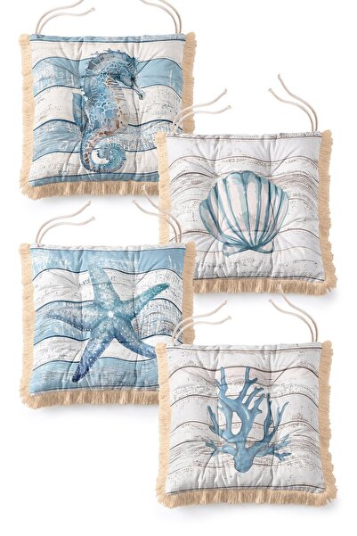 IdeCraft Marine Shell and Coral Patterned 4-Piece Fringed Lace-Up Puffy Chair...