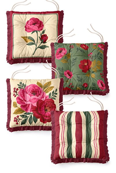 IdeCraft Vintage Botanical Floral and Line Patterned Fringed Fluffy Chair Cus...