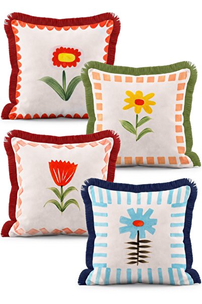 IdeCraft Watercolor Floral Patterned Fringed 4-Piece Throw Pillow Cover Set