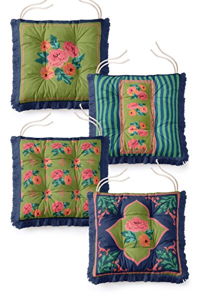 IdeCraft Green Navy Blue Vintage Rose Patterned Fringed Lace-Up 4-Piece Puffy...