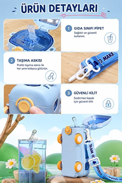 Kitchen Beauty Çocuk Matara Suluk 500 Ml Otobüs Tasarımlı Pipetli Sızdırmaz Kapaklı Taşıma Askılı