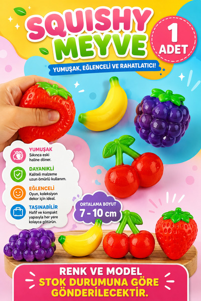 Ayver Squishy Meyve Oyuncağı Yumuşak Sıkılabilir Eğlenceli Oyuncak 1 Adet