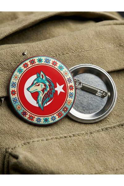 Fikart Ay Yıldız İçinde Bozkurt Başı Geleneksel Anadolu Kilim Motifli 58mm Buton Rozeti