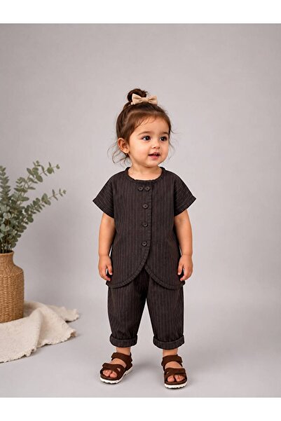 favorimkids Brown Striped Textured Beige Girls' 2-Piece Set