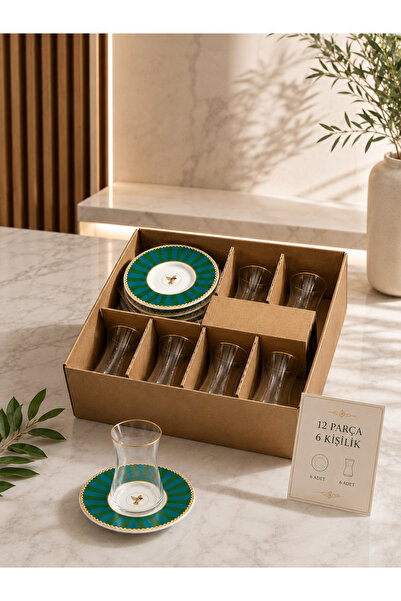 Yumuk Shop Green Bird 6-Person 12-Piece Gilded Tea Set