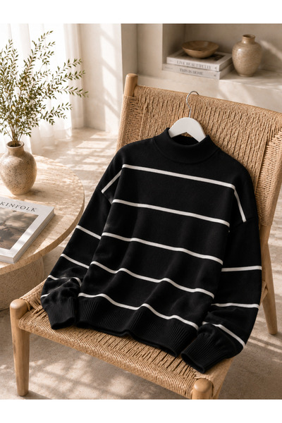 oneoff Women's Half-Throat Striped Knitwear Sweater Oversize Loose Design