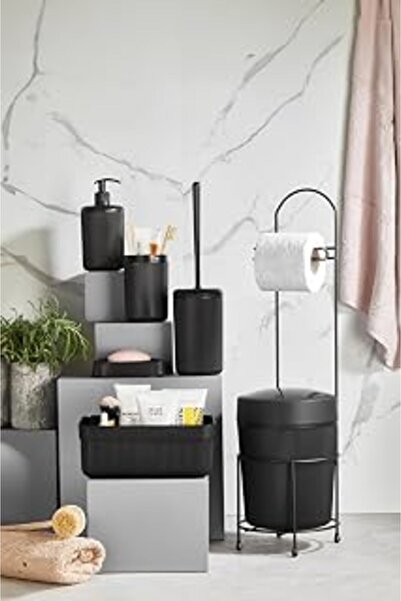 Genel Markalar 7 Parça Siyah Banyo Seti Metal Stantlı Kovalı Wc Kağıtlık Kozm...