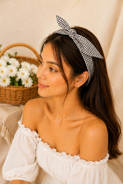 Hophera Gingham Patterned Elastic Tail Women's Bandana Bow Crown Hair Band
