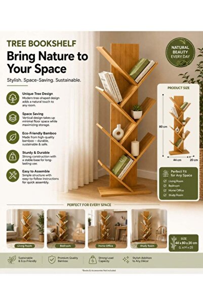 Habbaa Wooden Bookshelf Tree Multi-Layer Natural Bamboo Bookshelf Modern Beau...