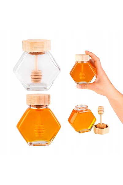 SuperButelki Borcan Hexagonal pentru Miere cu Lingura de Lemn, 100 ml, Transp...