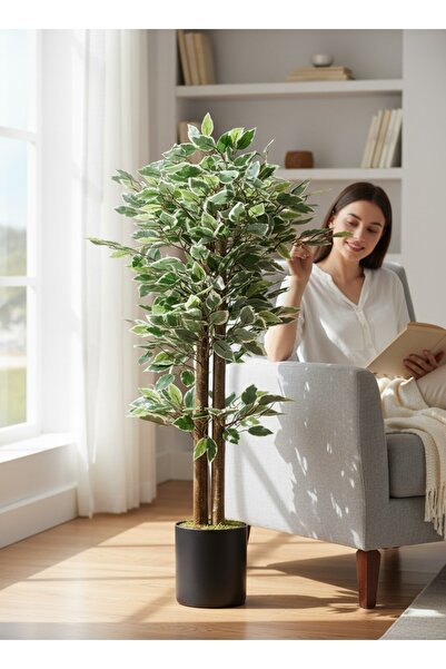florayapaycicekcom Yapay Alacalı Benjamin Ağacı Ahşap Gövdeli Dekoratif Salon Bitkisi 100 cm