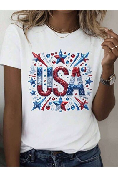 25W Plus Size Women's Crew Neck Tee, Glitter Print, Elastic Neckline 4th Of J...