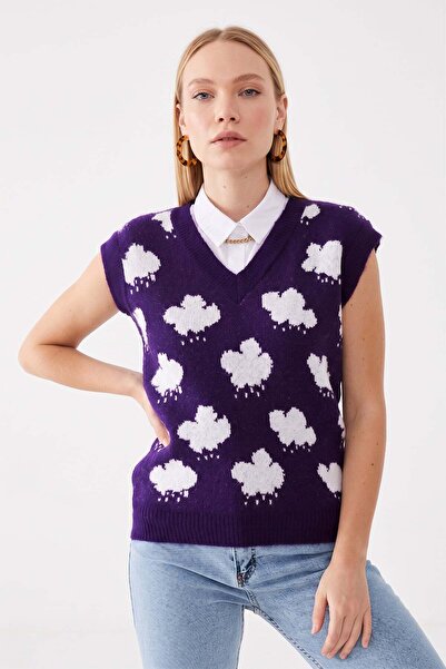 Fulla Moda Cloud Patterned V-Neck Knit Sweater
