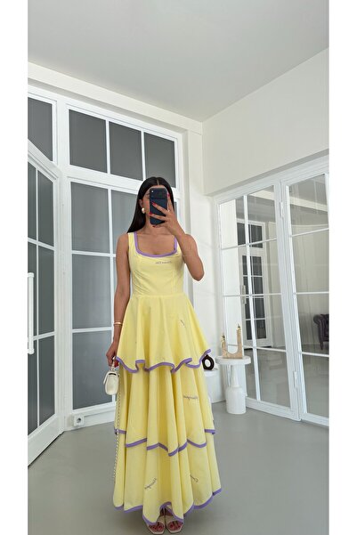 GAUS CO Sarı Biyeli Nakışlı Katlı Premium Elbise GAUS-01838