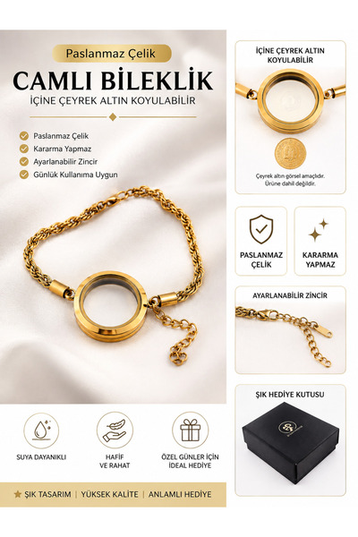 yücel bijuteri Çeyrek Altın Hazneli Camlı Gold Çelik Bileklik – Paslanmaz Çel...