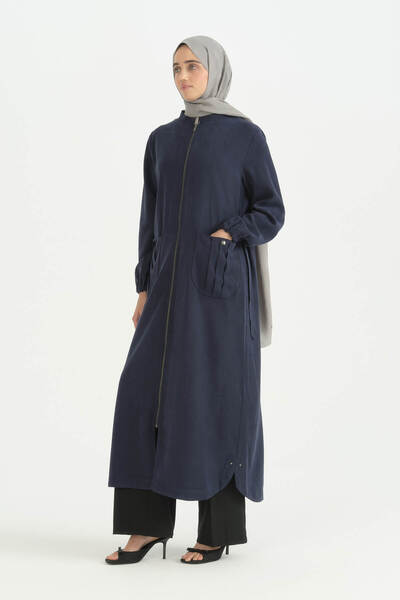 Nihan Cep Detailed Belted Tencel Ferace - Navy Blue