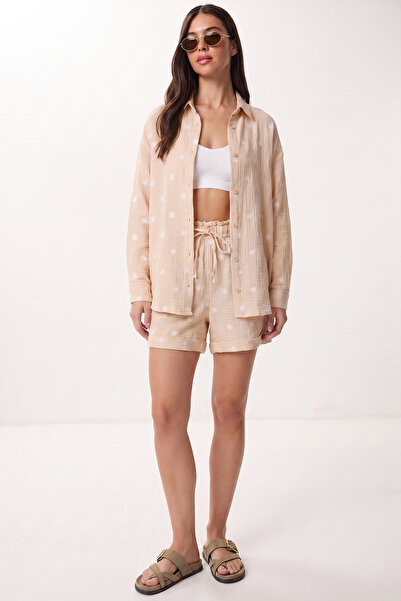 Lovelyİstanbul Embroidered Muslin Shirt Shorts Set Lax0014 Cream