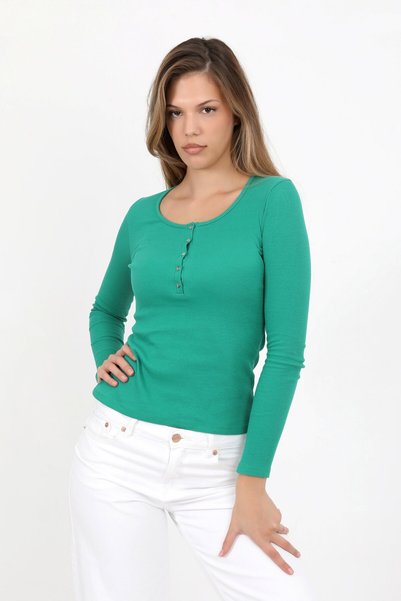 HDM Kadın Yeşil Uzun Kollu Fitilli Patlı Düğmeli Basic Örme Bluz - H6162