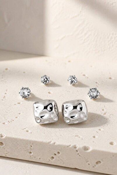 LYKOS Silver Color 3-Piece Zircon Stone Earring Set - Hammered Texture Square...
