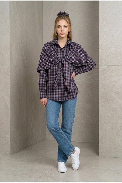 oyagüler Women's Navy Blue Plaid Shawl Design Shirt Yy101376