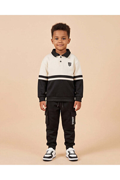 REDTAG Boys White Plain Collared Sweatshirt and Jogger Set