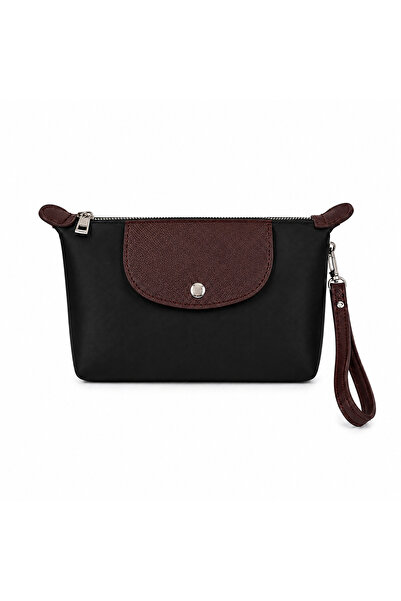 Elviora Kadın Siyah Koyu Kahve El Çantası Fermuarlı Portföy Clutch Bilek Askılı