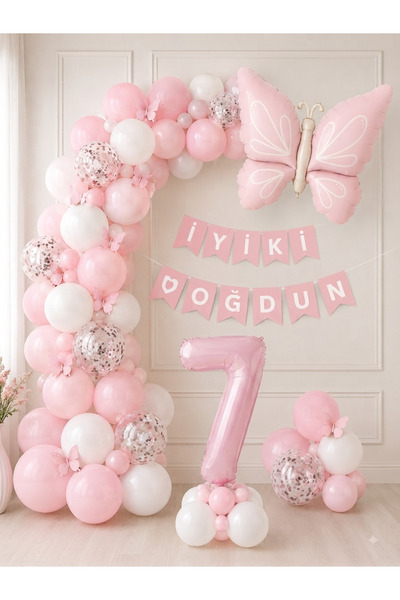 ALYA PARTİ 7 Yaş Kız Bebek Doğum Günü Balon Seti – Pembe Kelebek Konseptli Pa...